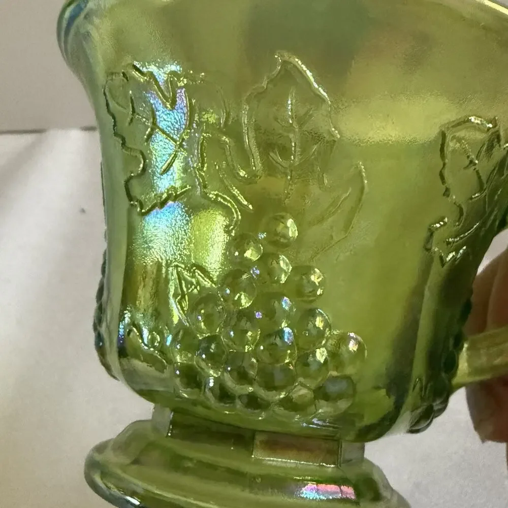 Vtg Indiana Glass Lime Green Carnival Glass Harvest Grape 6 Pc Snack Set 4 Plt 2